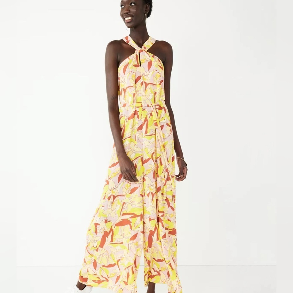 Nine West Yellow & Pink Tropical Print Wide-Leg Jumpsuit